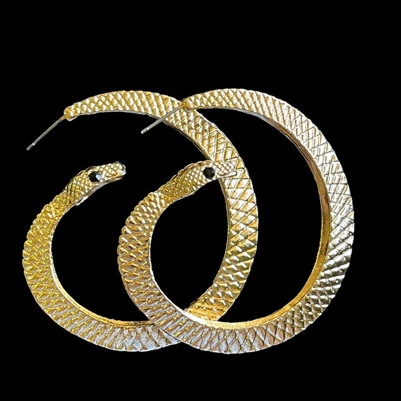 Gold Textured Snake Hoop Statement Earrings - Picture 6 of 7